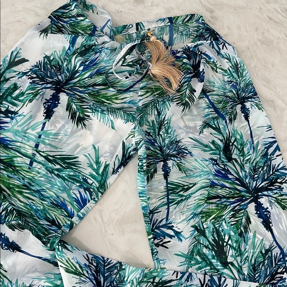 PilyQ 3 piece bikini set top bottom sheer cover up tropical leaf swimwear sz S - Picture 4 of 17